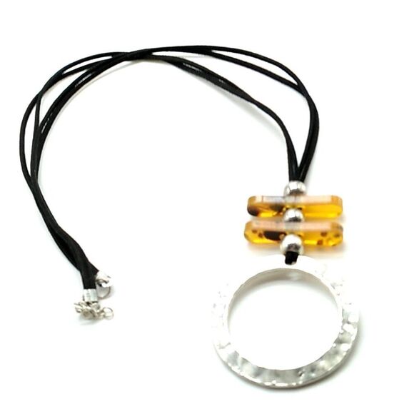 Hammered Open Circle Silver-tone Pendant Necklace Leather Cord - Picture 8 of 16